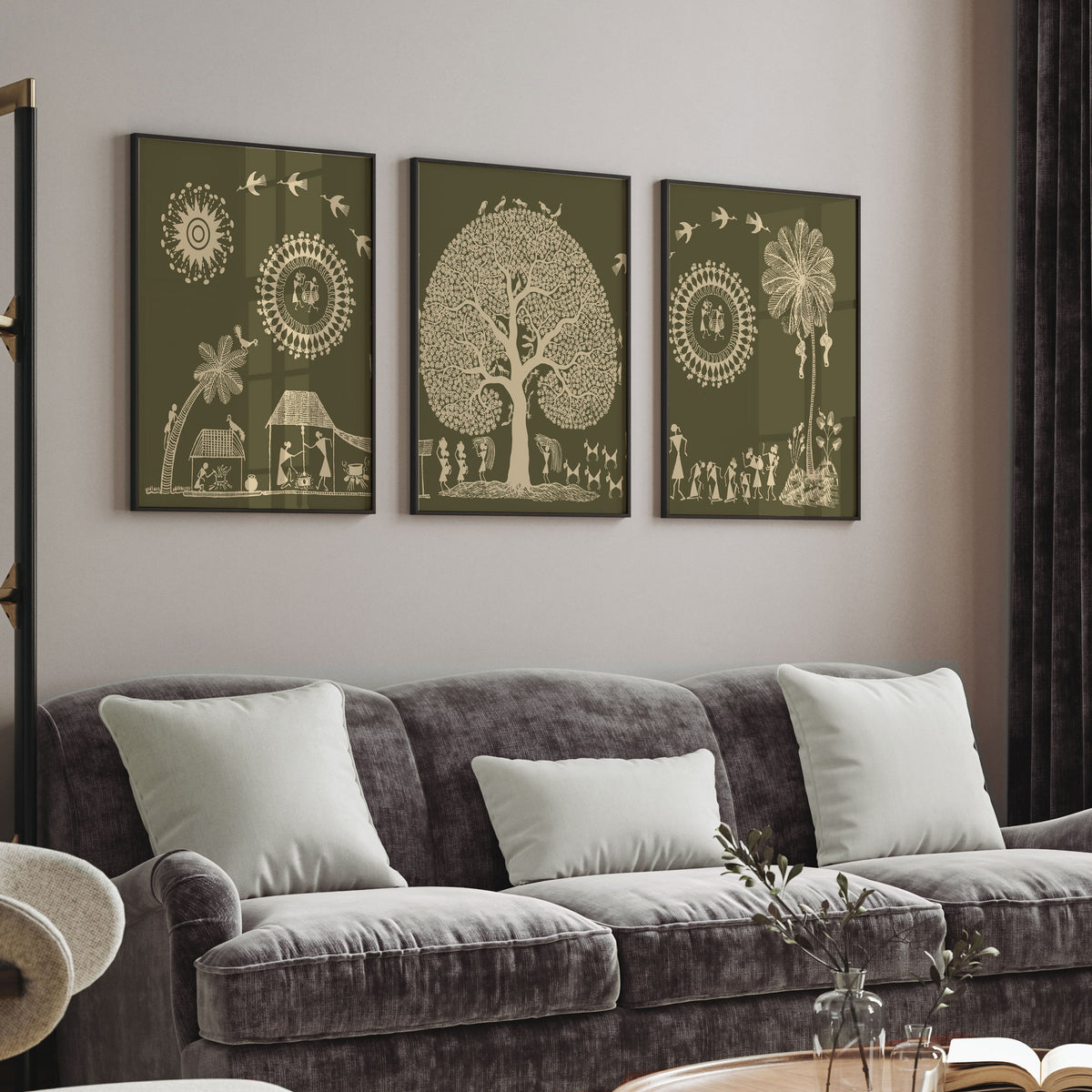 Set of 3 Traditional Warli Art Paintings Indian Wall Decor.