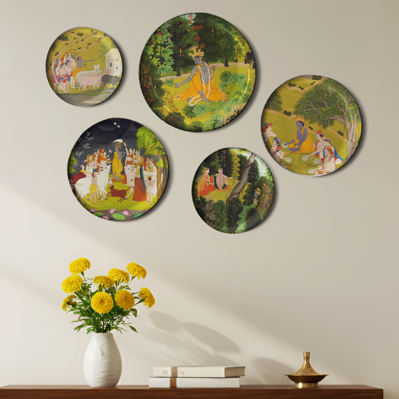 Life of Krishna Wall Decor Plate, Set of 5, Art Plate Set