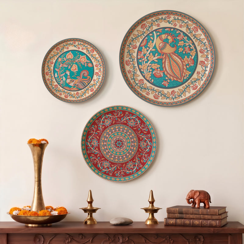 Madhubani Peacock Wall Decor Plate, Set of 3, Art Plate Set
