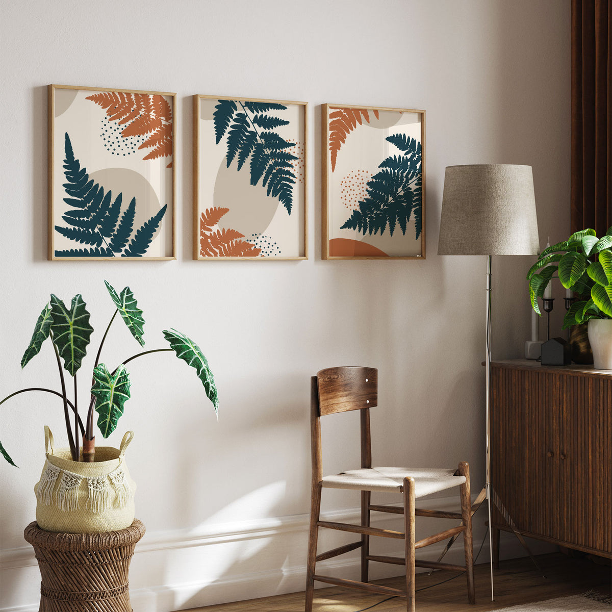 Abstract Botanical Plant and Leaves, Set of 3, Set of Three Paintings