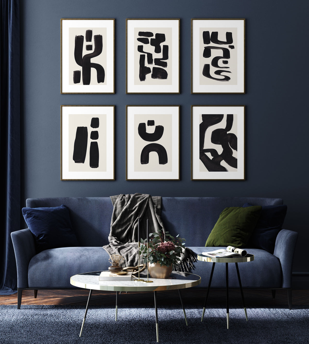Abstract Art Set of 6, Abstract BW Art Shapes Paintings