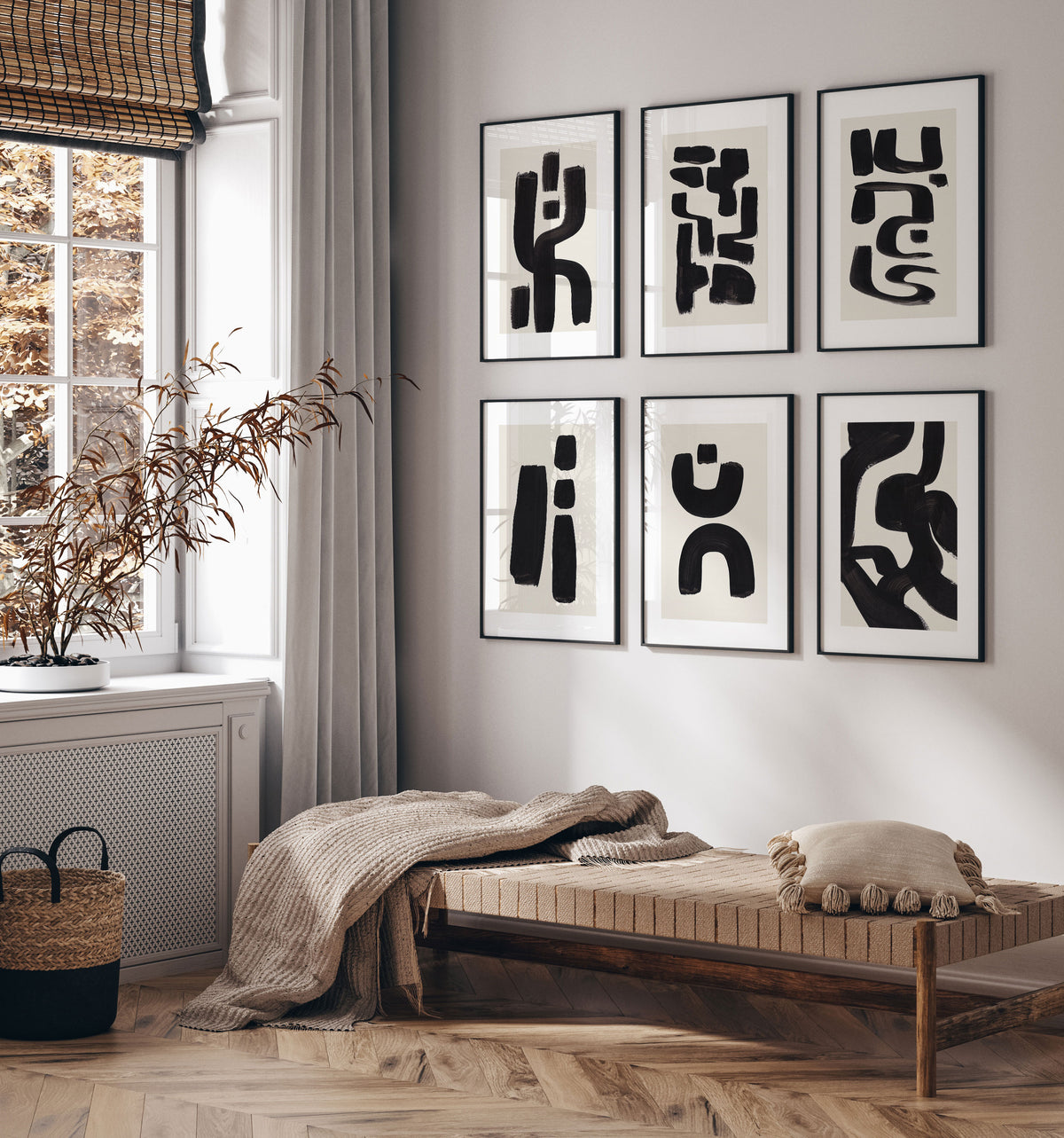 Abstract Art Set of 6, Abstract BW Art Shapes Paintings