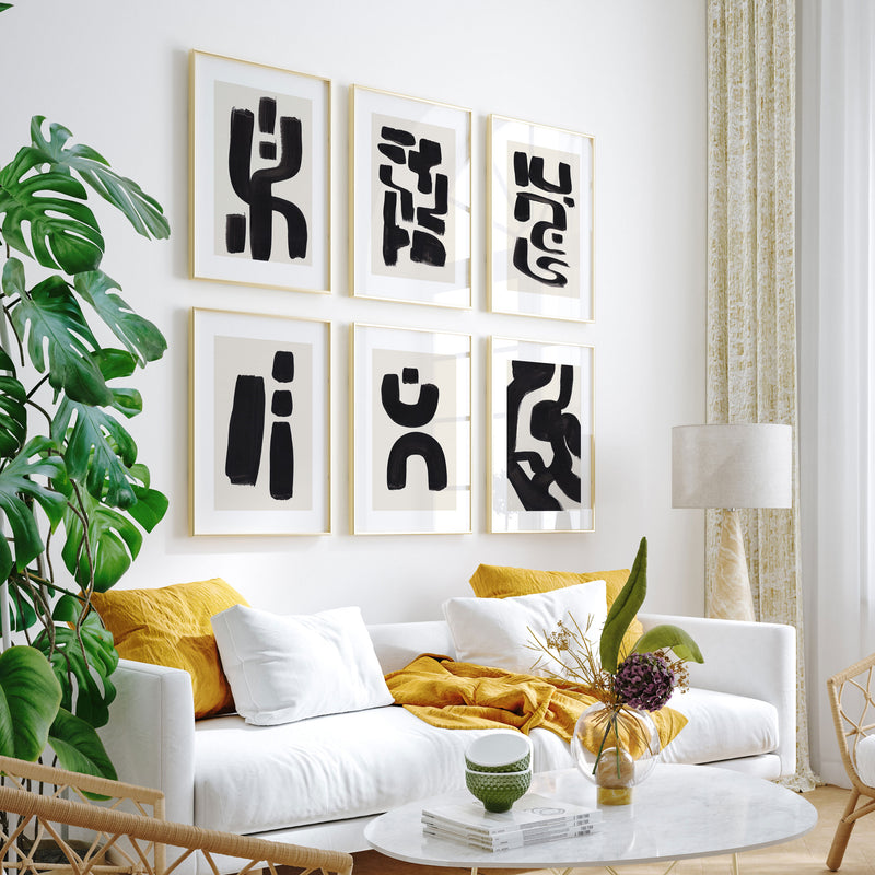 Abstract Art Set of 6, Abstract BW Art Shapes Paintings