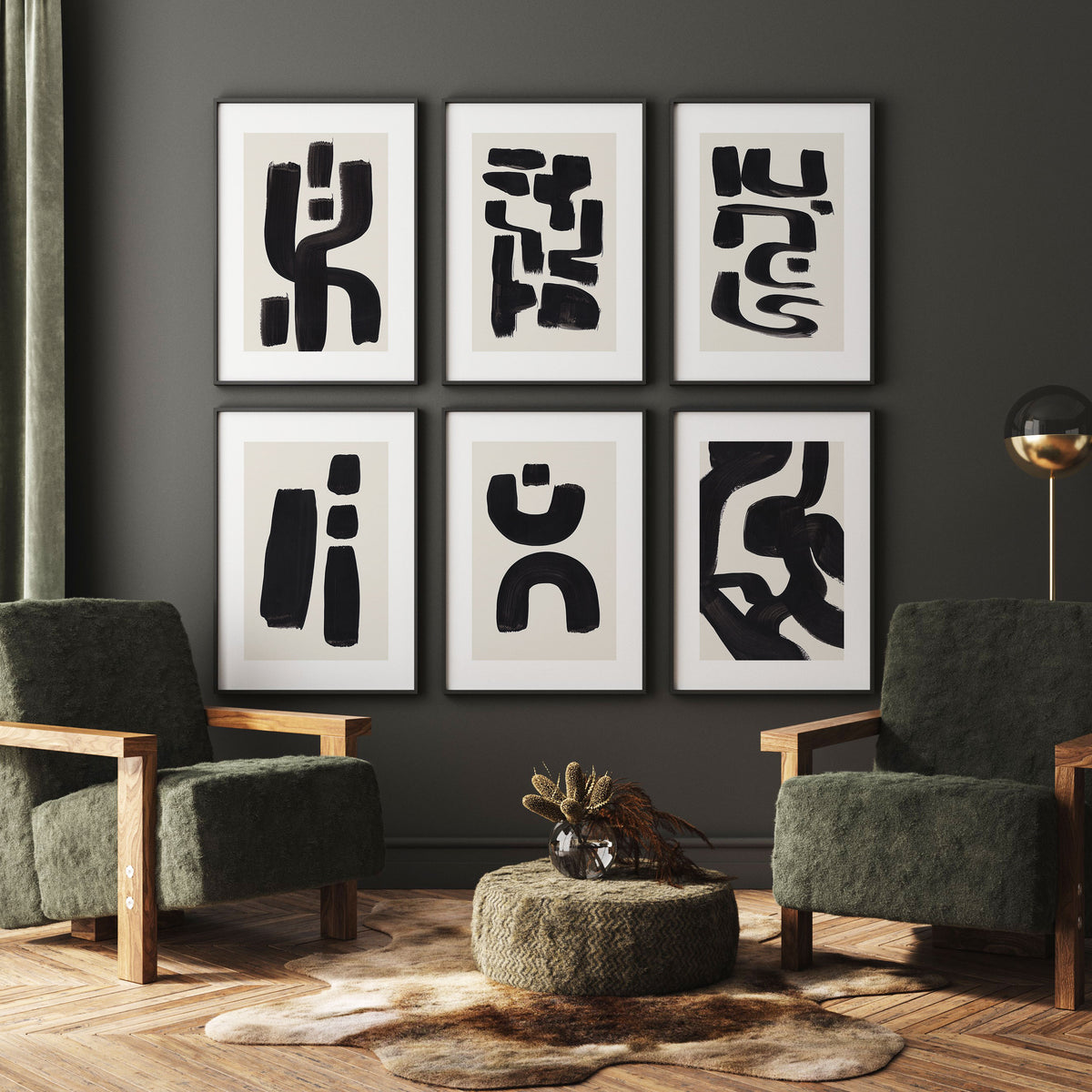 Abstract Art Set of 6, Abstract BW Art Shapes Paintings