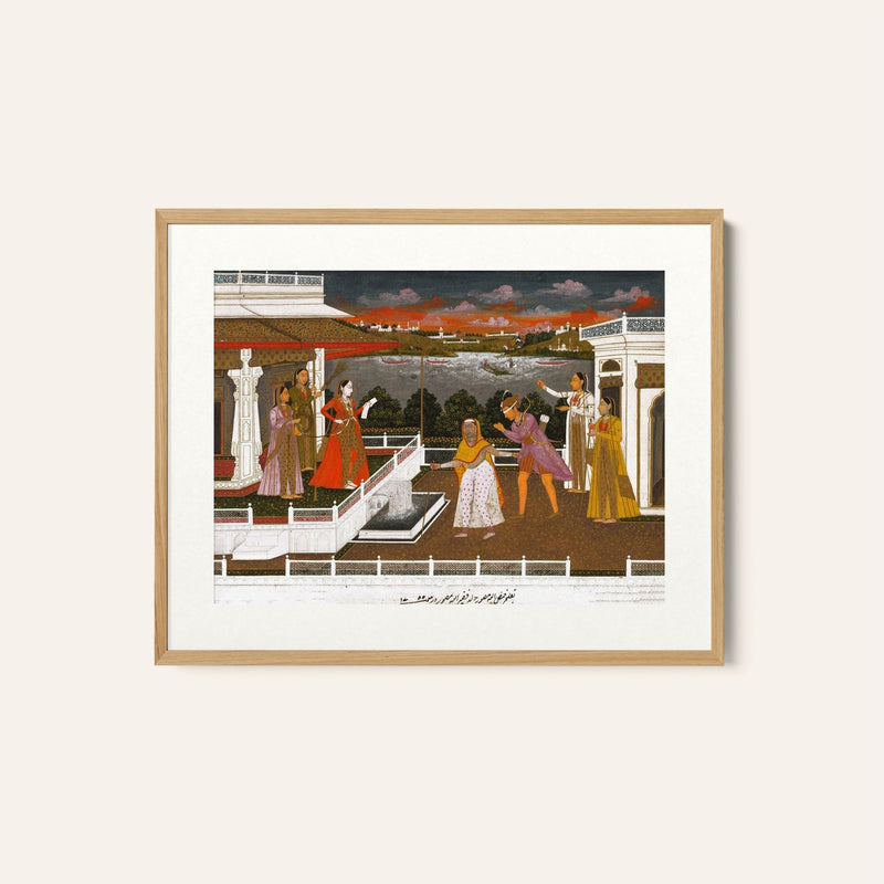 A blindfolded suitor is brought before a princess Mughal, Mughal Miniature Paintings