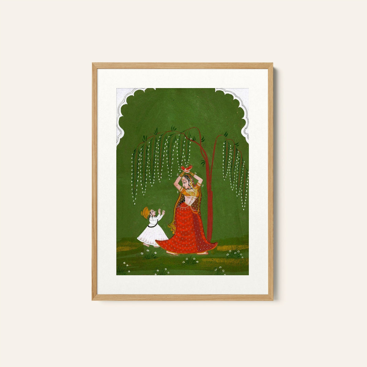 A female attendant is standing in tribhanga pose, Rajasthani Miniature Paintings