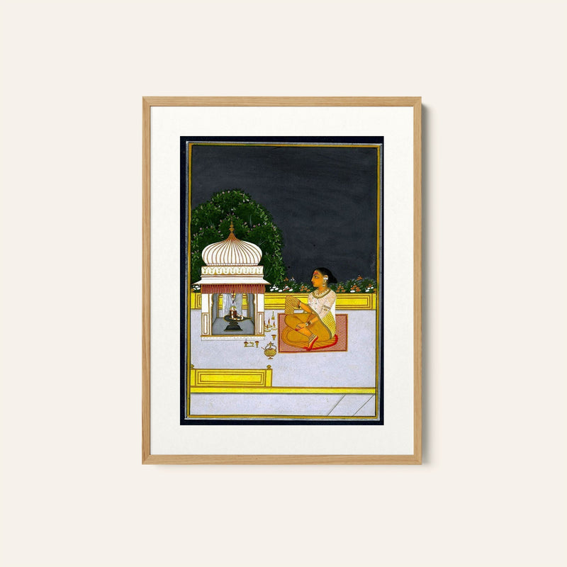 A female devotee is worshipping Shiva in the form of a linga, Rajasthani Miniature Paintings