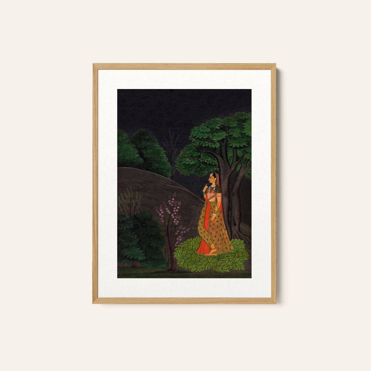 A girl waiting for her lover under a tree , Indian Miniature Paintings