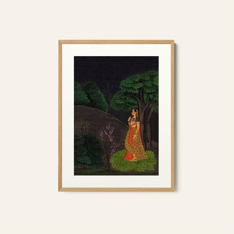 A girl waiting for her lover under a tree , Indian Miniature Paintings