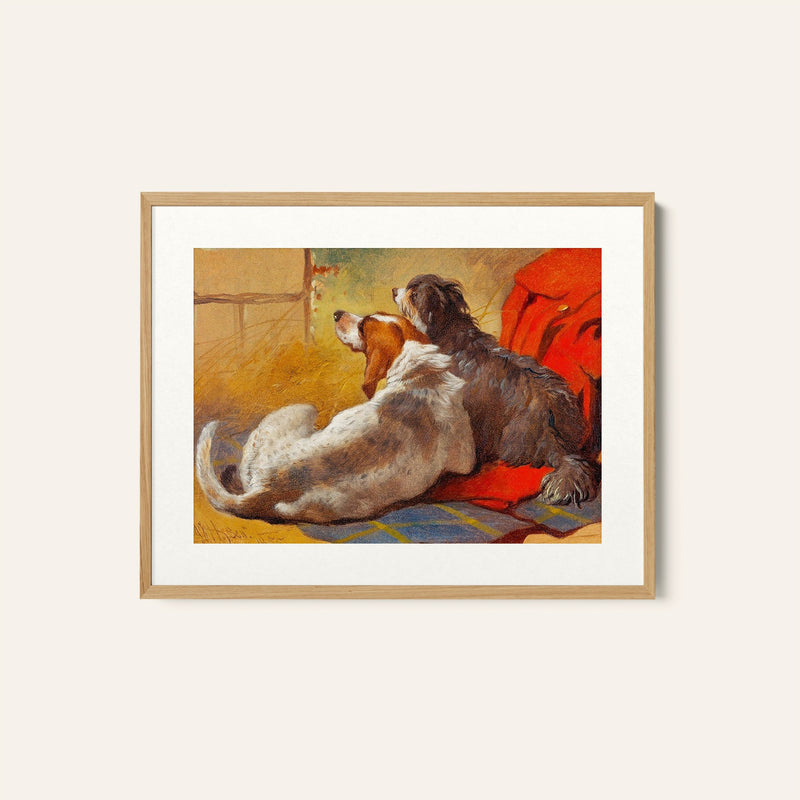 A Hound and a Bearded Collie seated on a Hunting Coat, Animal Painting