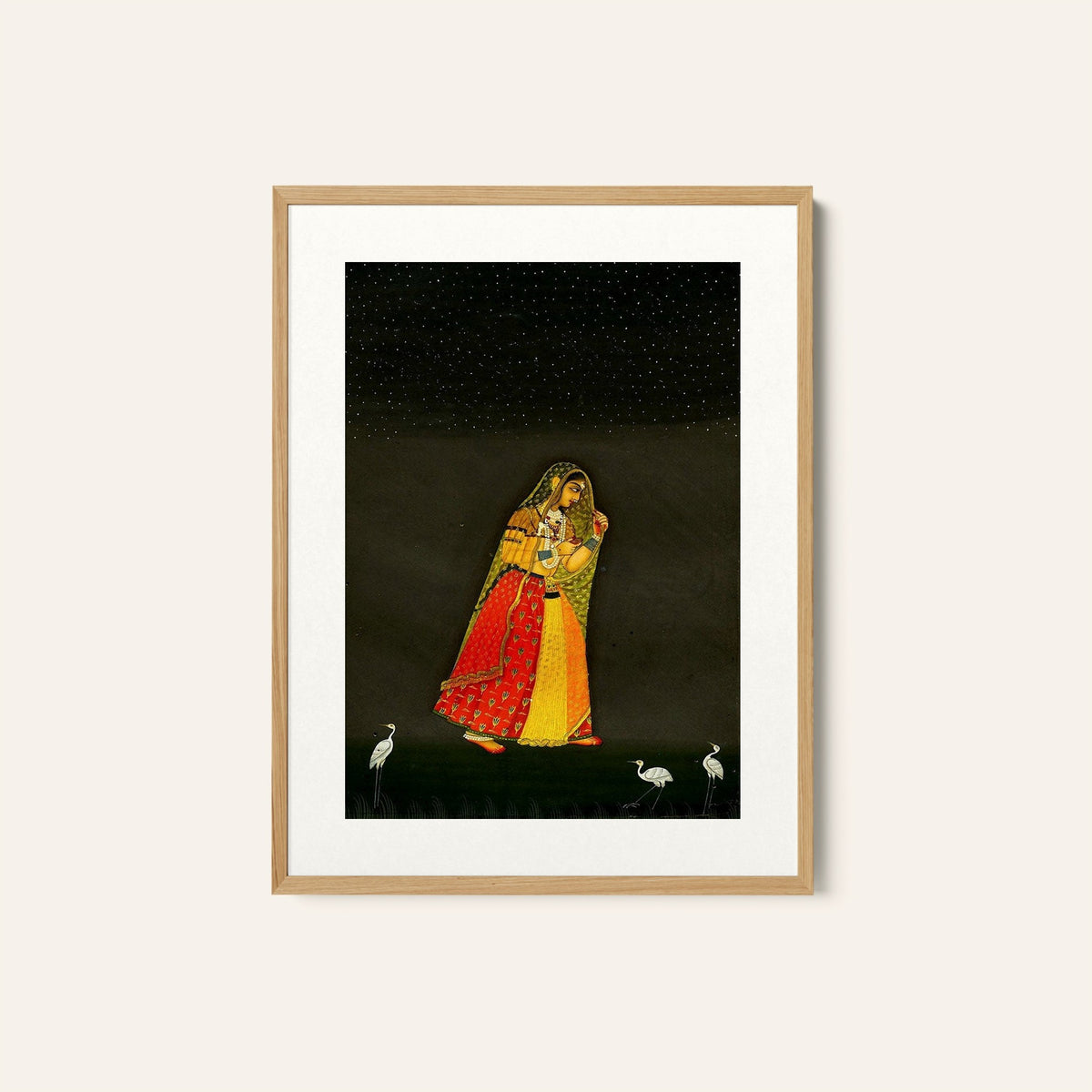 A lady moves through a moon lit landscape, Rajasthani Miniature Paintings