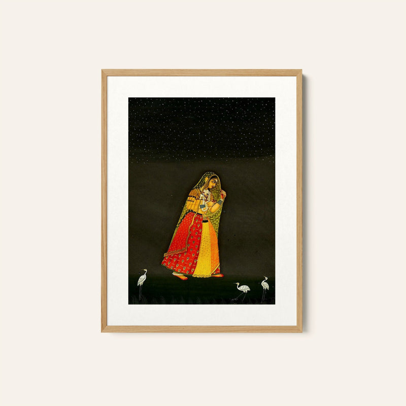 A lady moves through a moon lit landscape, Rajasthani Miniature Paintings