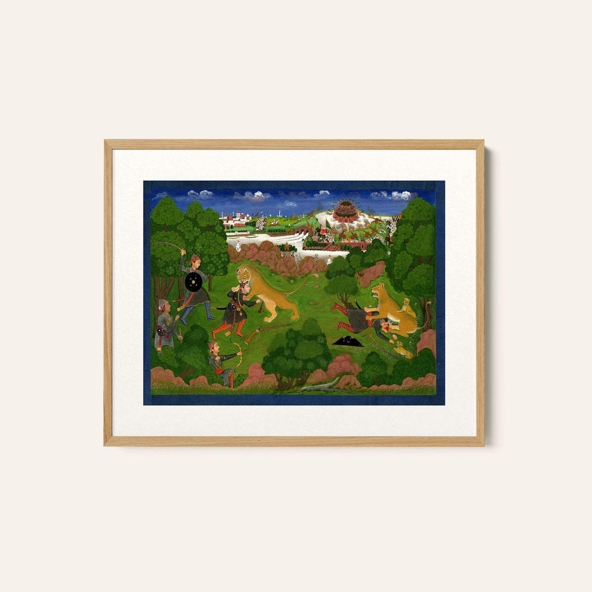 A lion hunt where two hunters are being mauled by their prey, Indian Miniature Paintings