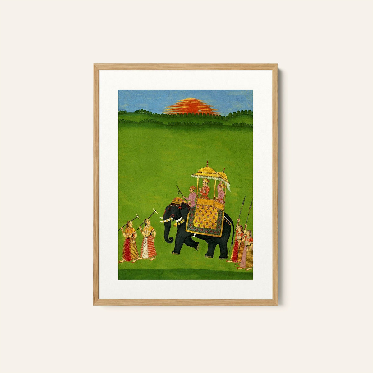 A man sitting on top of an elephant with two mahouts, Indian Miniature Paintings