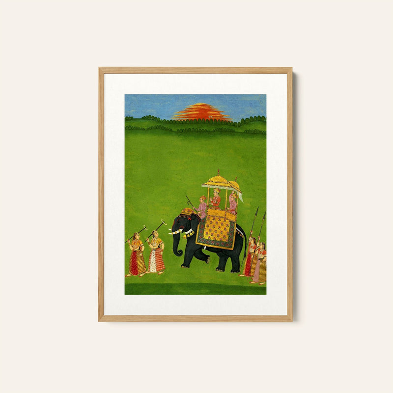 A man sitting on top of an elephant with two mahouts, Indian Miniature Paintings