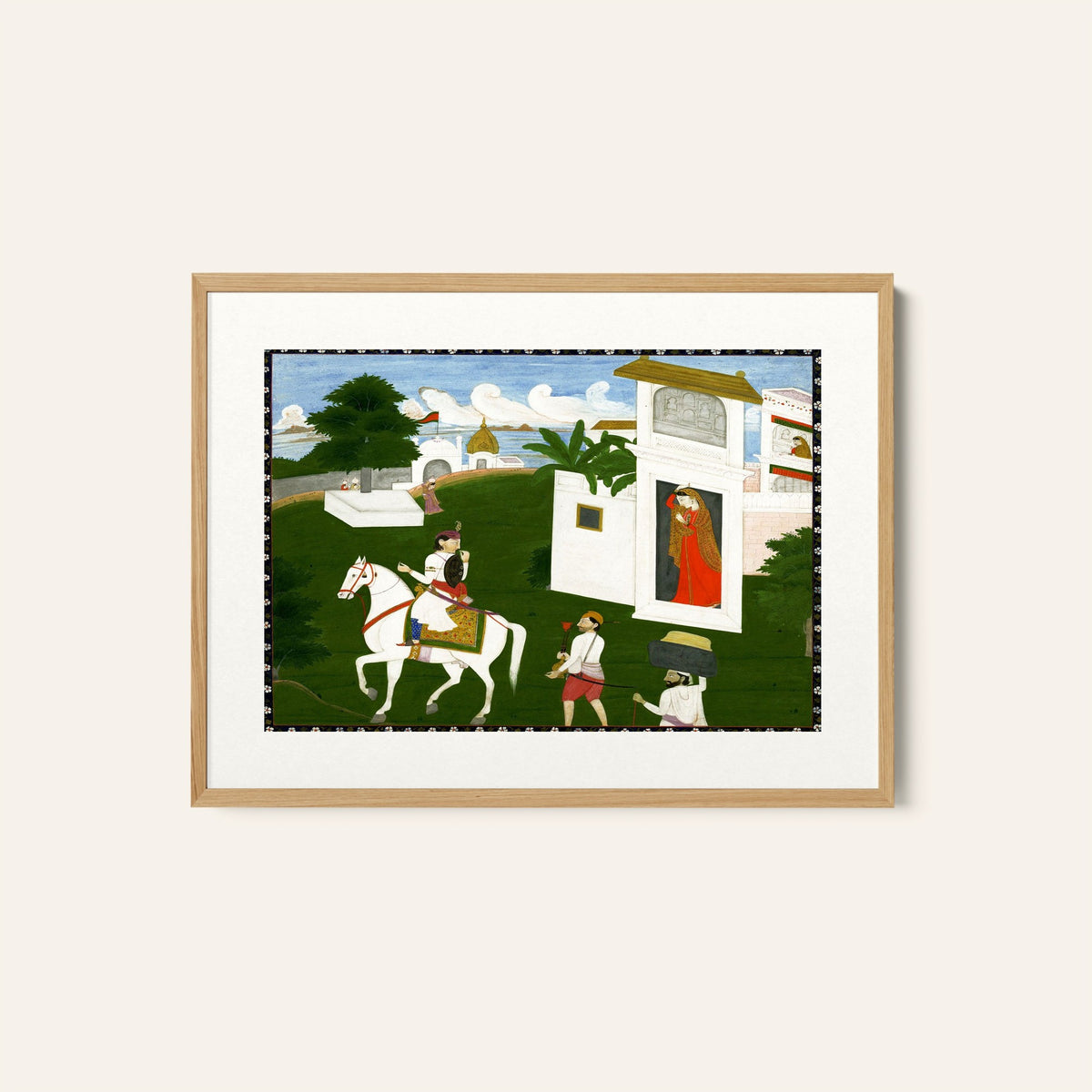 A prince on a horse with attendants taking leave of a lady , Indian Miniature Paintings