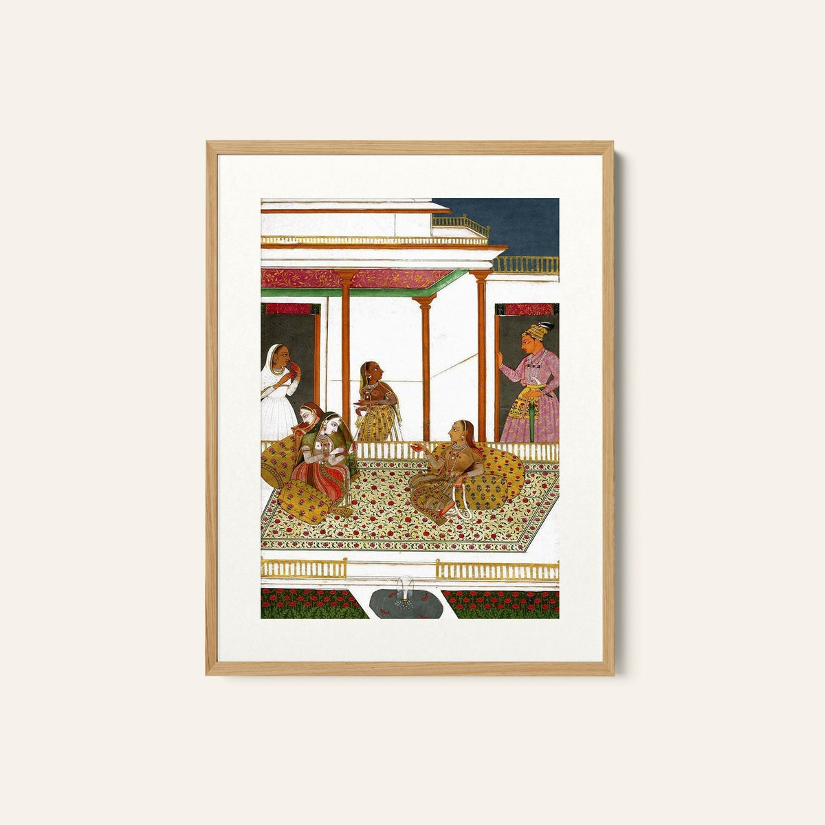 A prince visiting ladies sitting on a terrace with their attendants, Rajasthani Miniature Paintings