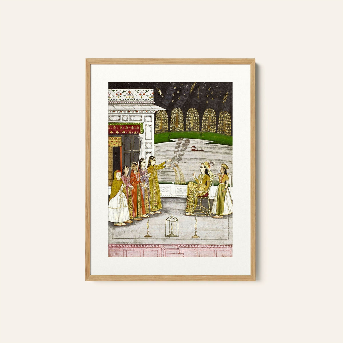 A princess and attendants on a terrace enjoying fireworks, Indian Miniature Paintings