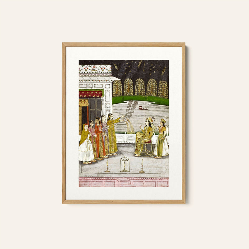 A princess and attendants on a terrace enjoying fireworks, Indian Miniature Paintings