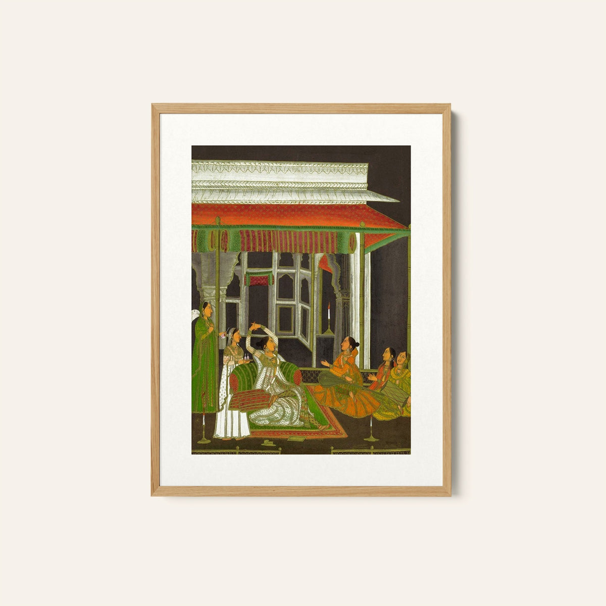 A princess on a terrace with attendants at night, Indian Miniature Paintings