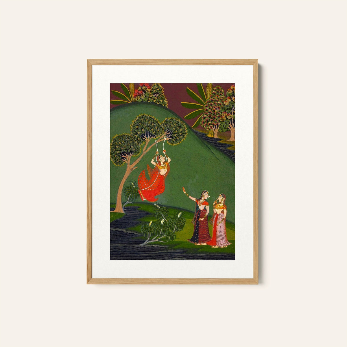 A Rajasthani Lady on a Swing, Indian Miniature Paintings