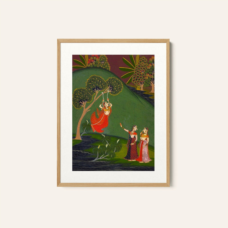 A Rajasthani Lady on a Swing, Indian Miniature Paintings