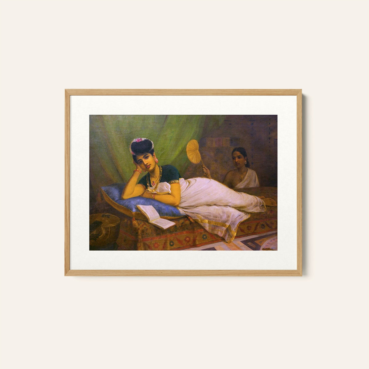 A Reclining Nayar lady on a velvet couch, Raja Ravi Varma Paintings