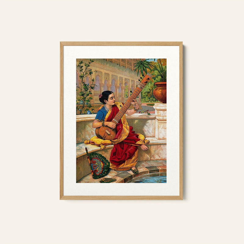 A seated Indian woman plays a sitar, Raja Ravi Varma Paintings