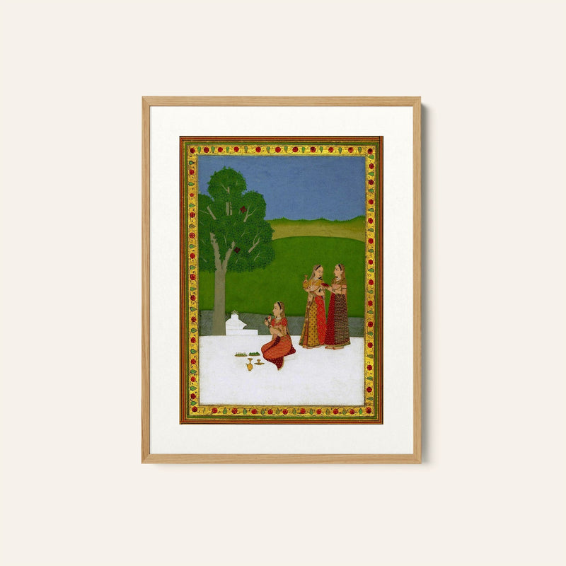 A woman kneeling in front of a linga performing devotions Recovered, Rajasthani Miniature Paintings