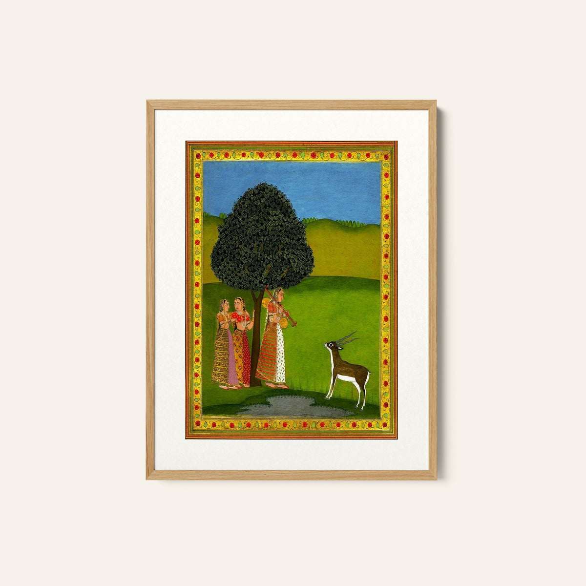 A woman playing a vina to a deer, Rajasthani Miniature Paintings