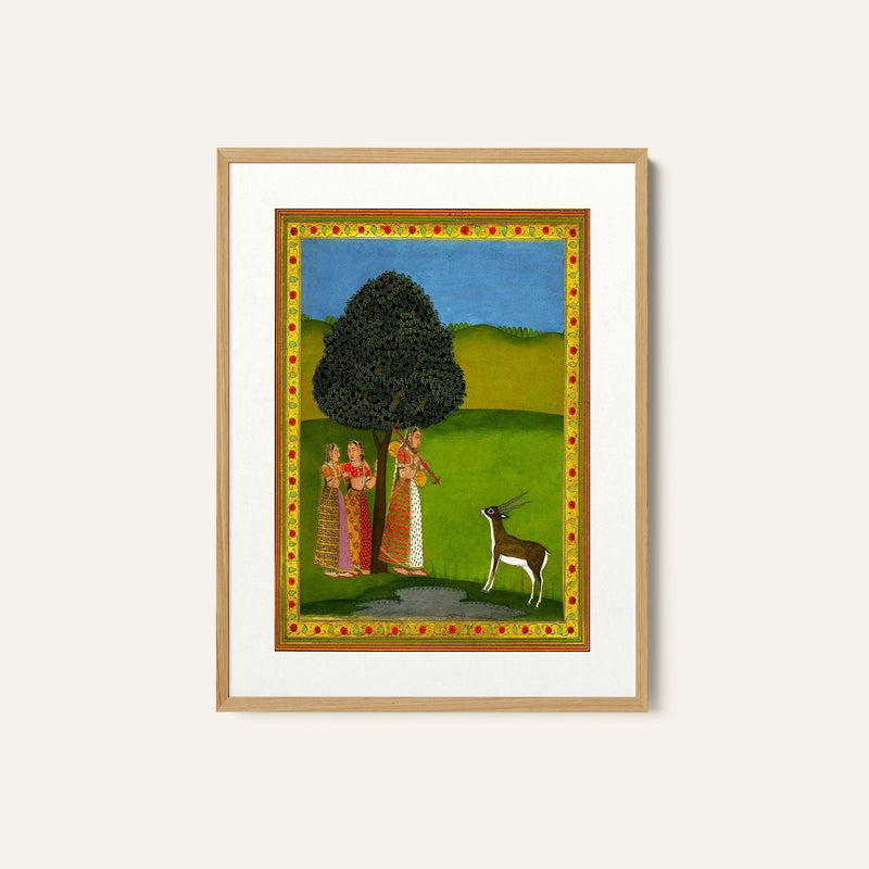A woman playing a vina to a deer, Rajasthani Miniature Paintings