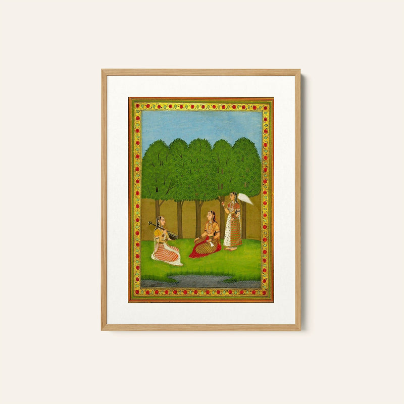 A woman seated in a forest with a musician and an attendant, Rajasthani Miniature Paintings