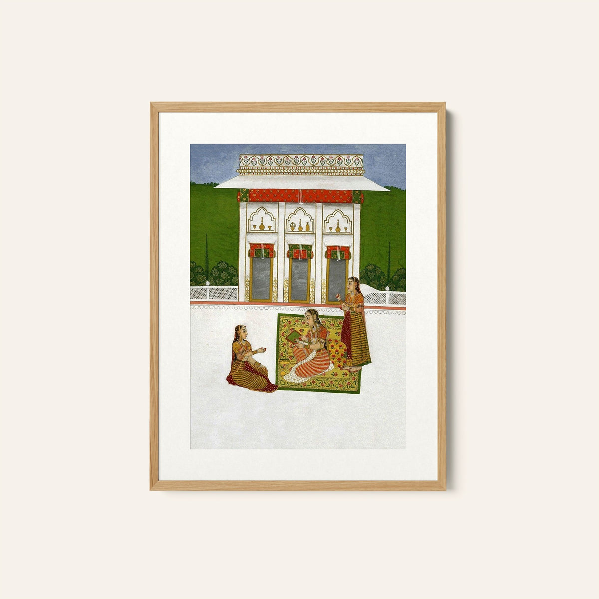 A woman seated on a terrace painting a portrait of a man, Rajasthani Miniature Paintings