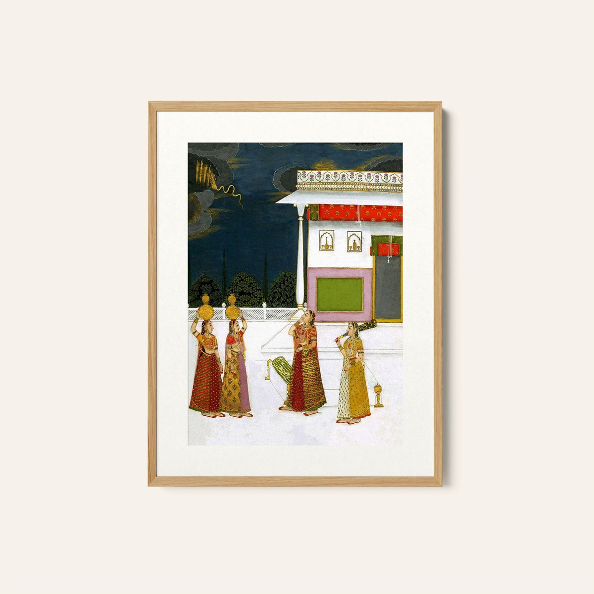 A woman standing on a terrace watching a storm, Rajasthani Miniature Paintings