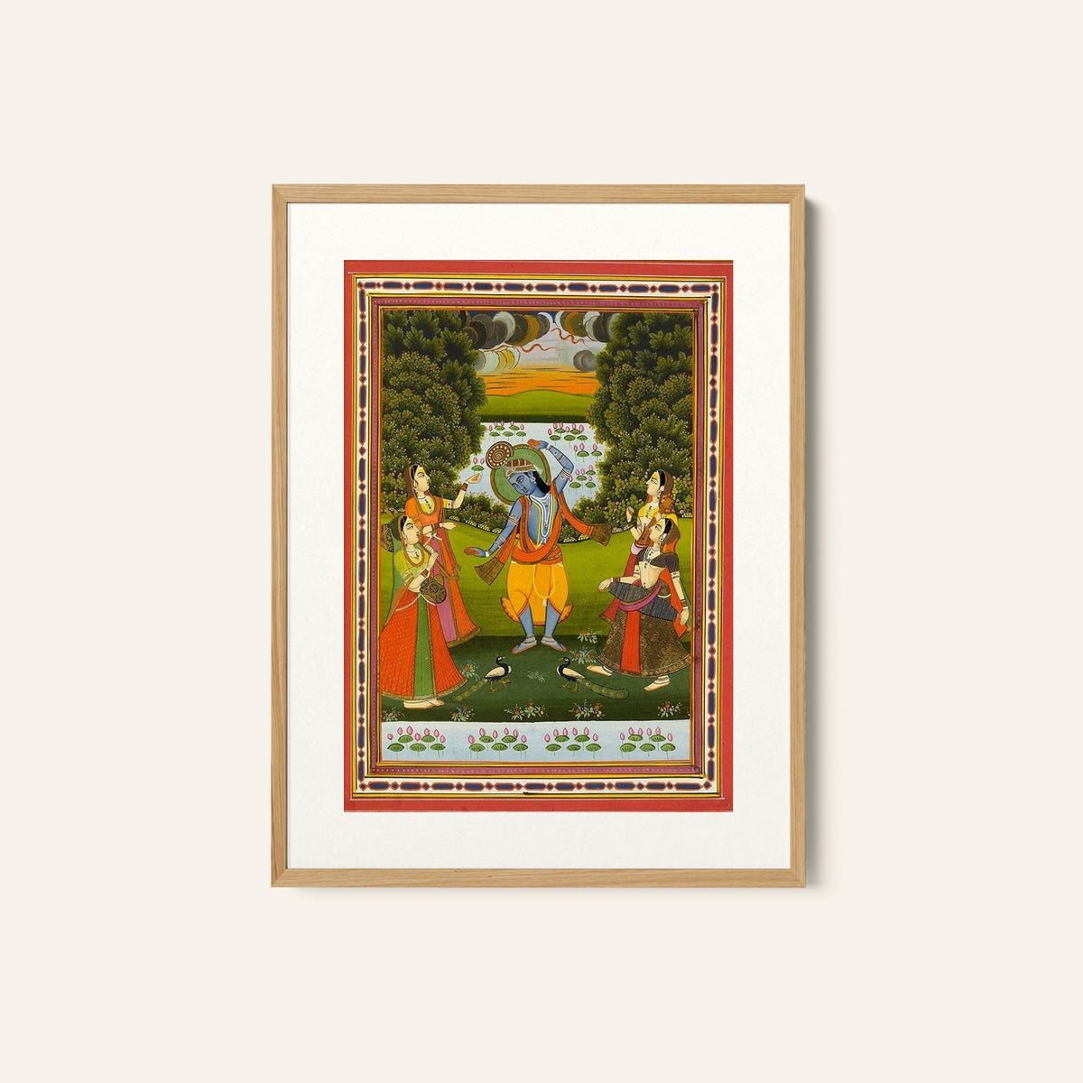 A yellow garbed Krishna with peacock feathered crown and orange shawl, Rajasthani Miniature Paintings