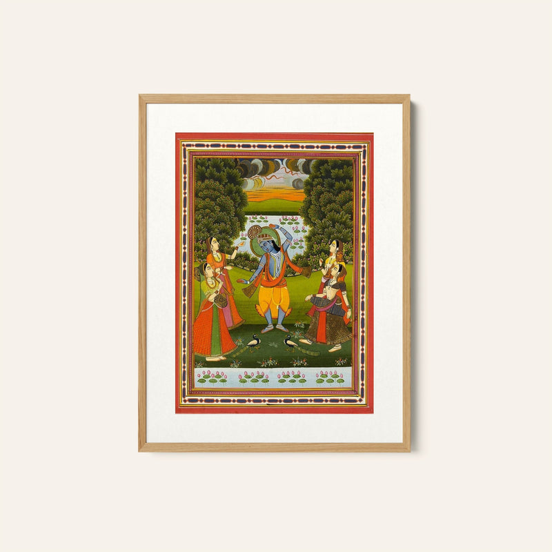 A yellow garbed Krishna with peacock feathered crown and orange shawl, Rajasthani Miniature Paintings