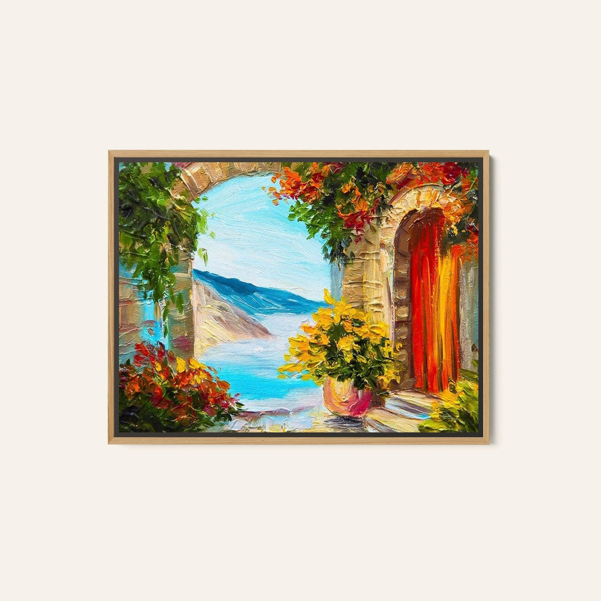 house near the sea colorful flowers summer seascape, Big Canvas Paintings