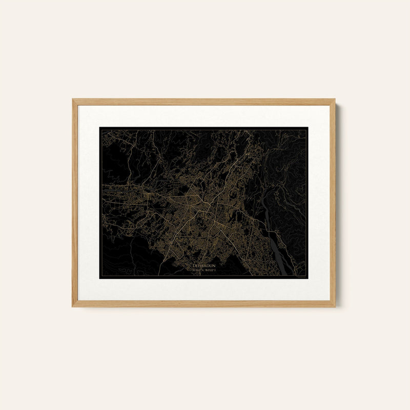 Dehradun Map Black and Gold Map, Wall Art Prints