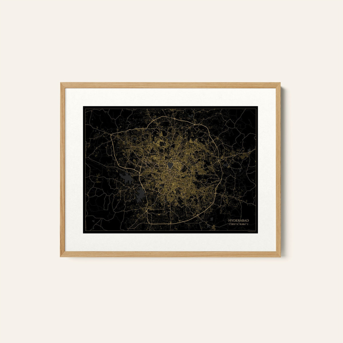 Hyderabad Map Gold and Black Map, Wall Art Prints