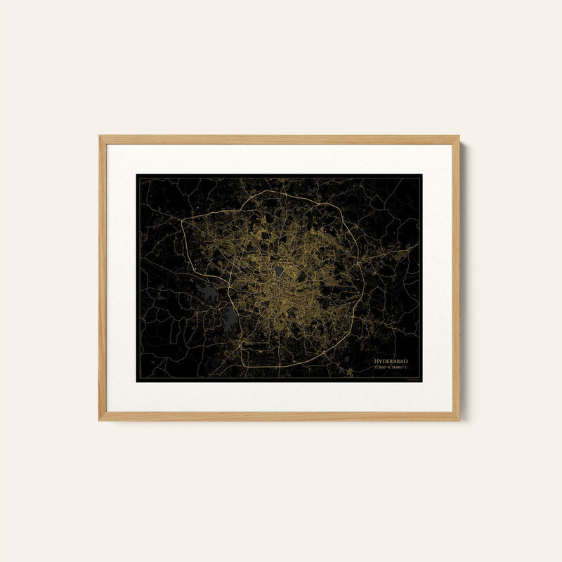 Hyderabad Map Gold and Black Map, Wall Art Prints