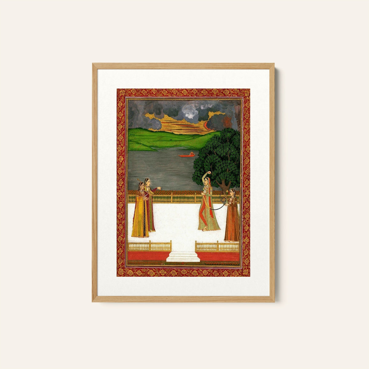 Ladies on terrace by lake, Mughal Miniature Paintings