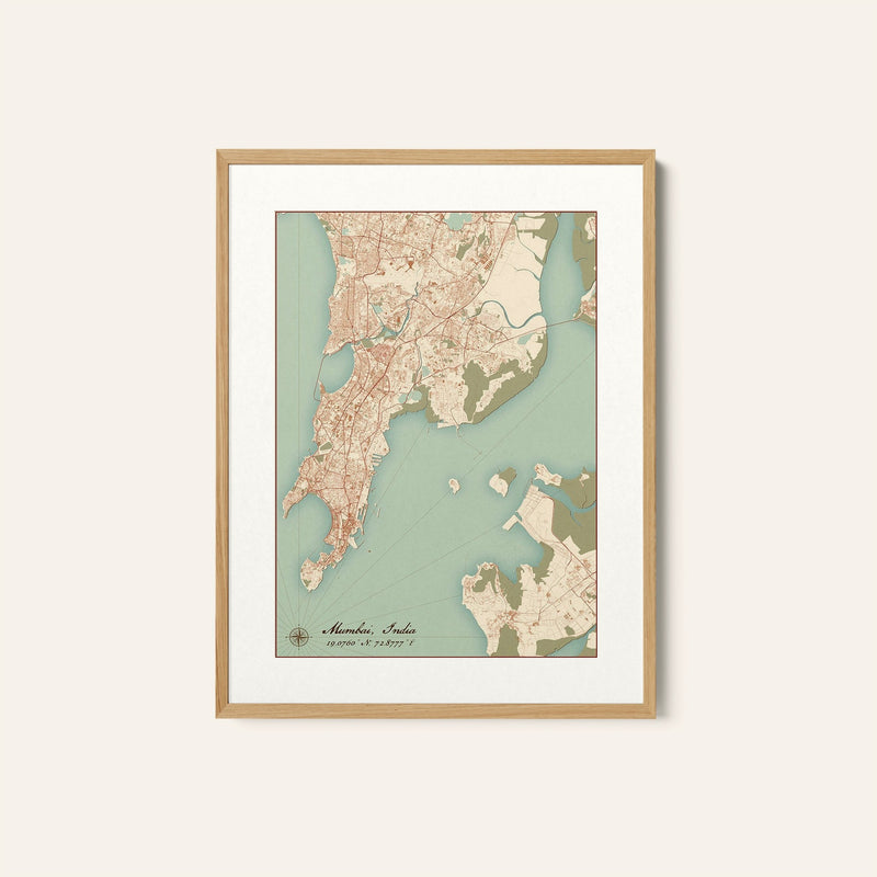 Mumbai Vintage Style Map, Wall Art Prints