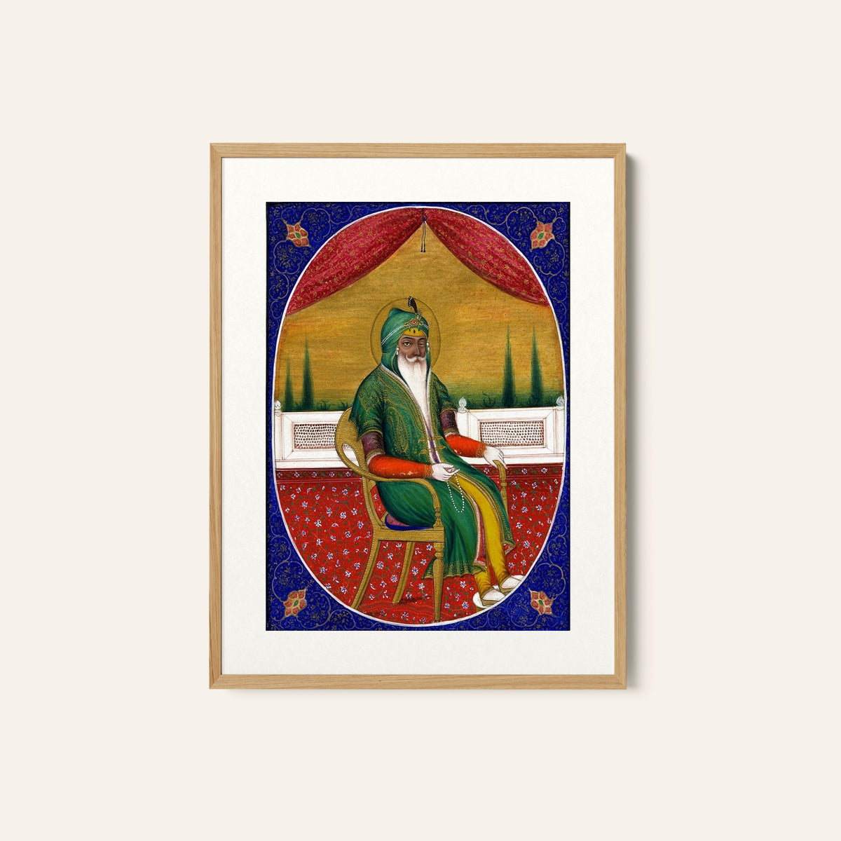 Portrait. Ranjit Singh seated on terrace, with inscription, Indian Miniature Paintings