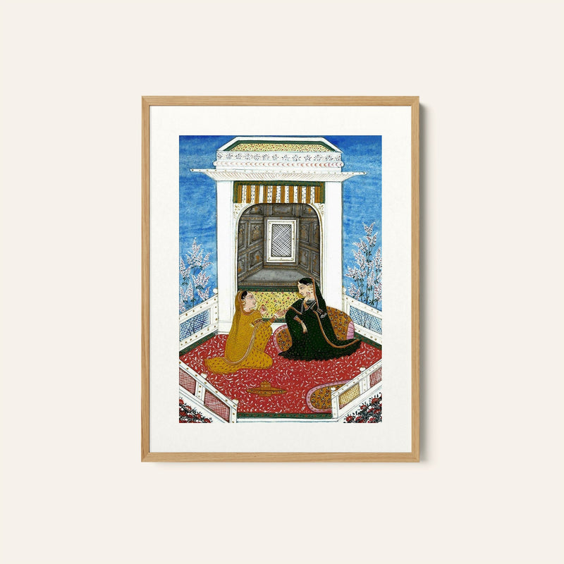 Two ladies sitting on a terrace, Mughal Miniature Paintings