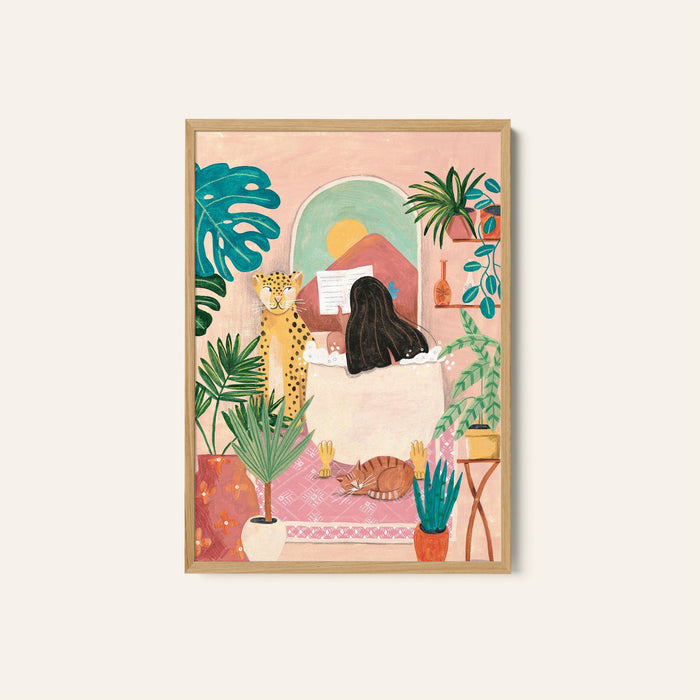 Woman taking bath in pink tropical bathroom