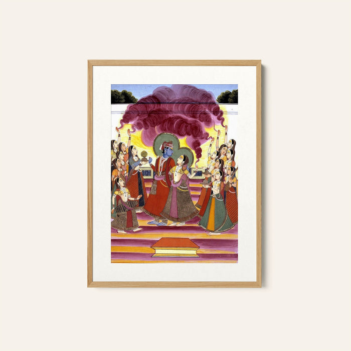 Women sprinkle coloured powder on Radha Krishna, Rajasthani Paintings