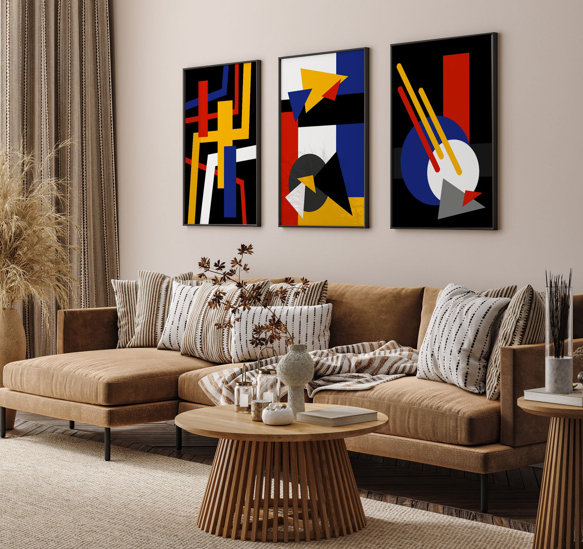 Abstract Geometry Bauhaus, Set of 3, Set of Three Paintings