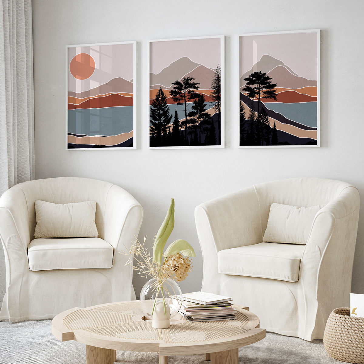 Boho wall art, Abstract landscape mountain trees, Boho decor Minimalist art