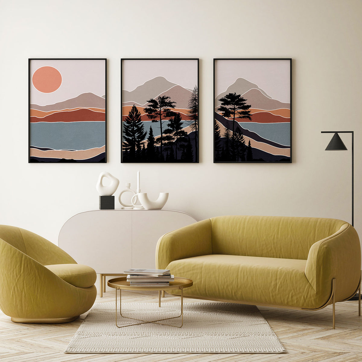 Boho wall art, Abstract landscape mountain trees, Boho decor Minimalist art