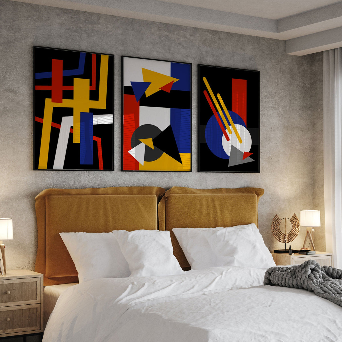Abstract Geometry Bauhaus, Set of 3, Set of Three Paintings